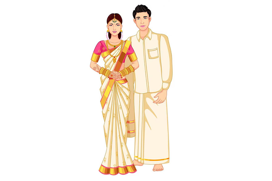 Kerala Wedding Couple Greeting Namaste In Standing Pose On Cosmic Latte  Background. 23224376 Vector Art at Vecteezy